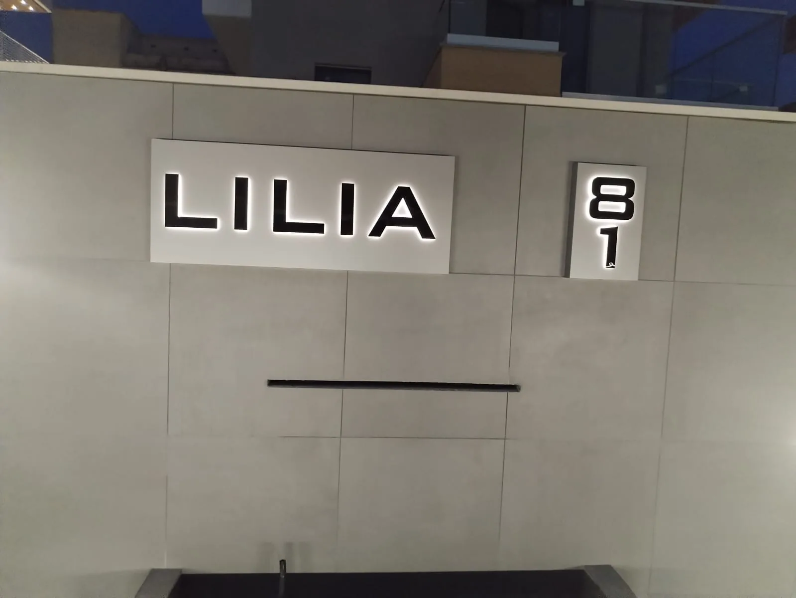 Insegne luminose Lilia e civico 81 di notte